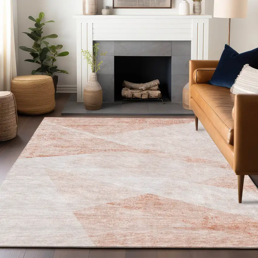 Salmon And Ivory Geometric Washable Area Rug With UV Protection Photo 4