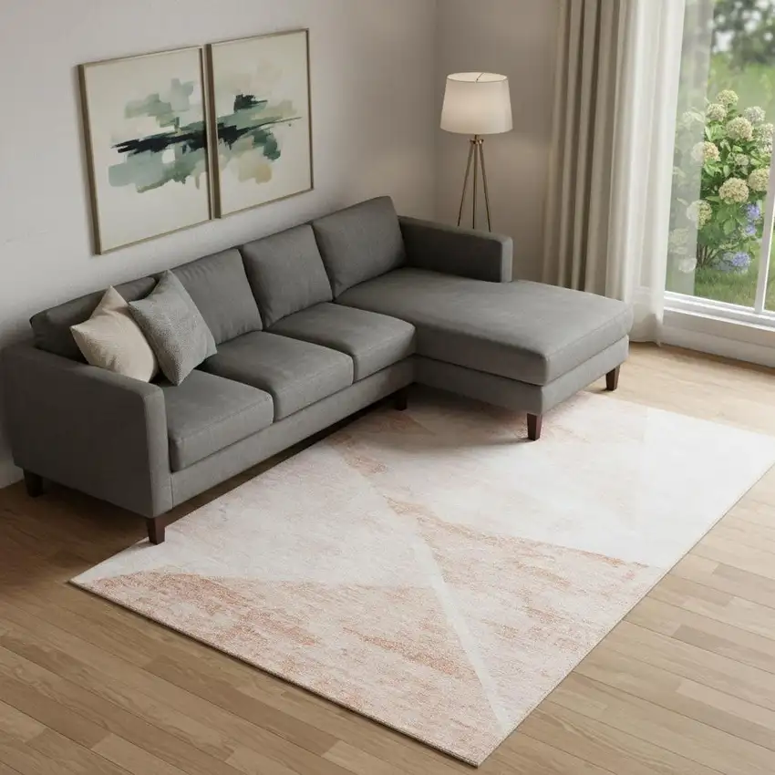 Salmon And Ivory Geometric Washable Area Rug With UV Protection Photo 1