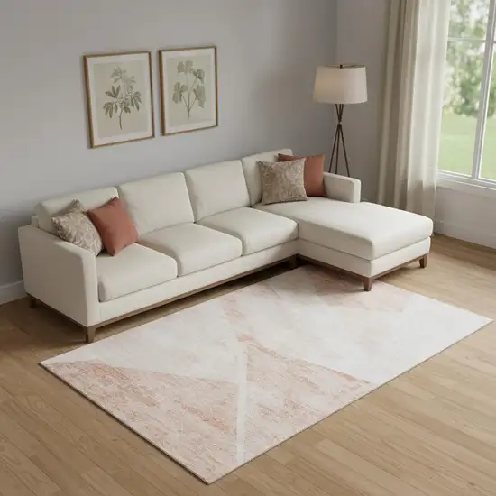 Salmon And Ivory Geometric Washable Area Rug With UV Protection Photo 1