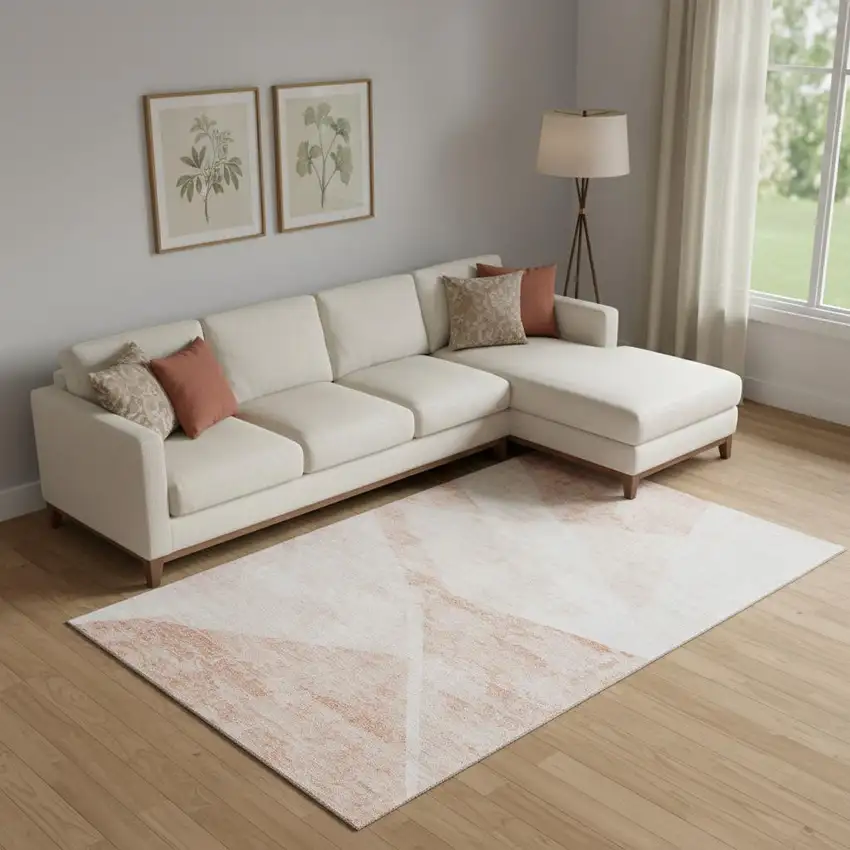 Salmon And Ivory Geometric Washable Area Rug With UV Protection Photo 1