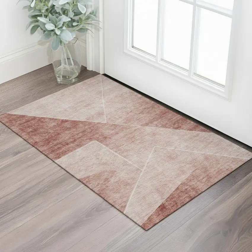 Salmon And Ivory Geometric Washable Area Rug With UV Protection Photo 1