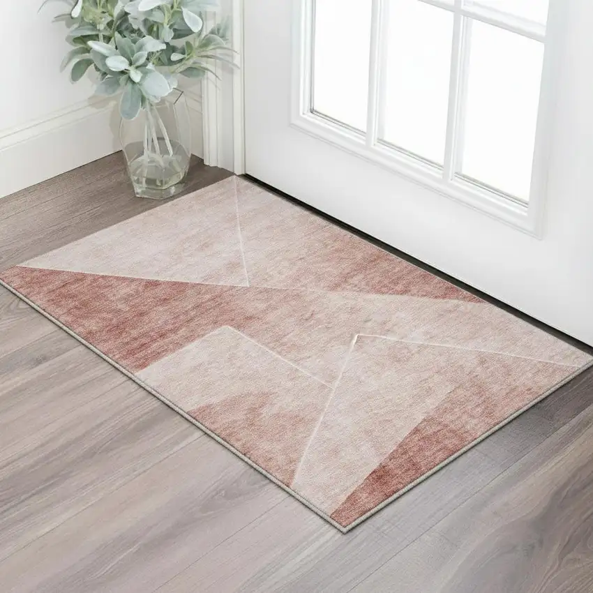 Salmon And Ivory Geometric Washable Area Rug With UV Protection Photo 2