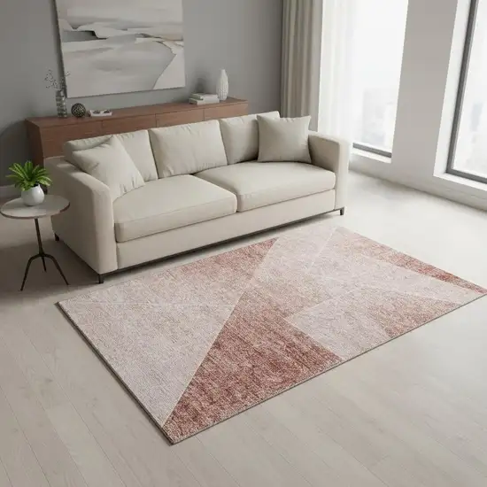 Salmon And Ivory Geometric Washable Area Rug With UV Protection Photo 2