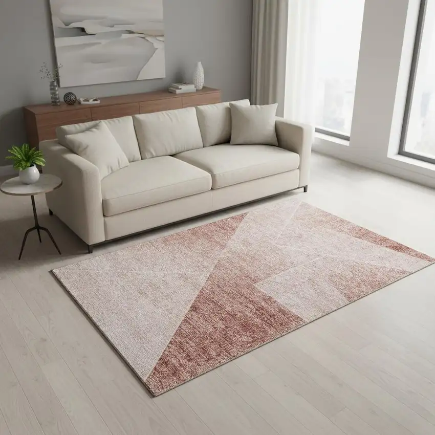 Salmon And Ivory Geometric Washable Area Rug With UV Protection Photo 2