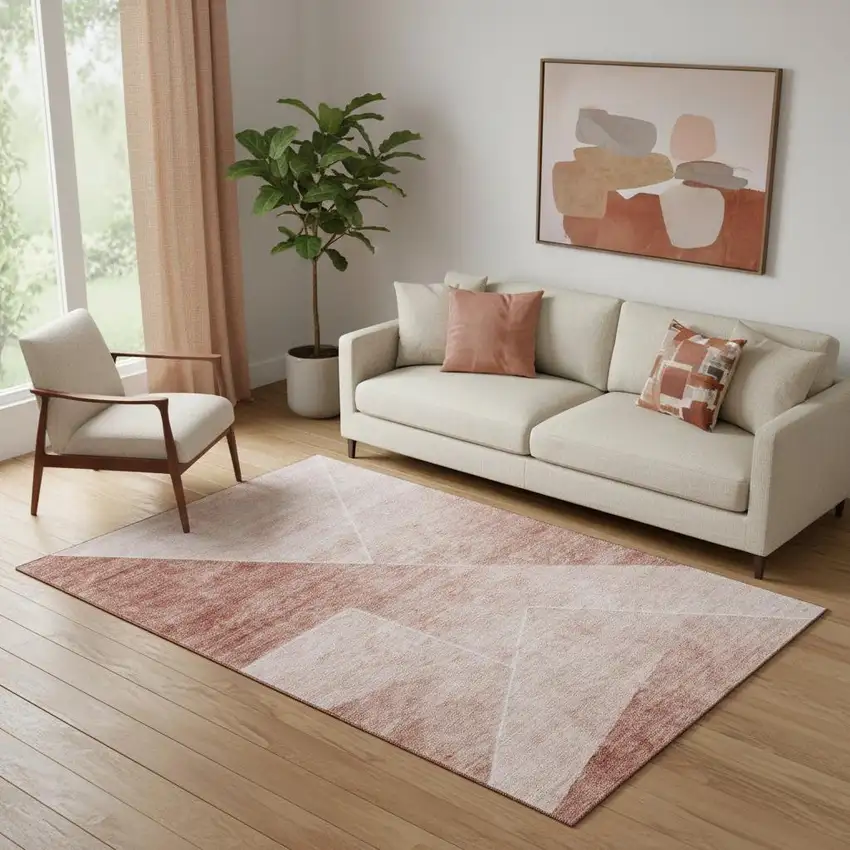 Salmon And Ivory Geometric Washable Area Rug With UV Protection Photo 1