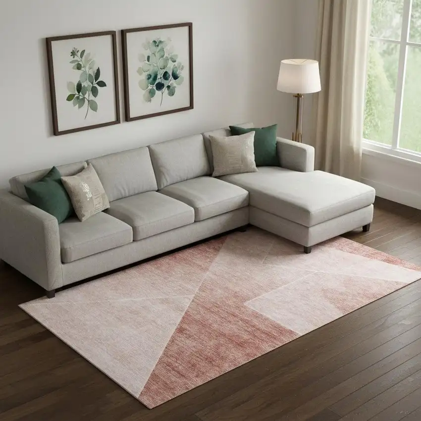Salmon And Ivory Geometric Washable Area Rug With UV Protection Photo 1
