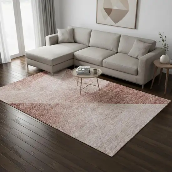 Salmon And Ivory Geometric Washable Area Rug With UV Protection Photo 2