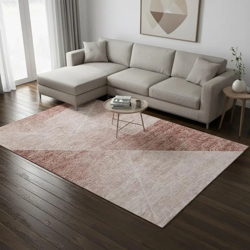 Salmon And Ivory Geometric Washable Area Rug With UV Protection Photo 2