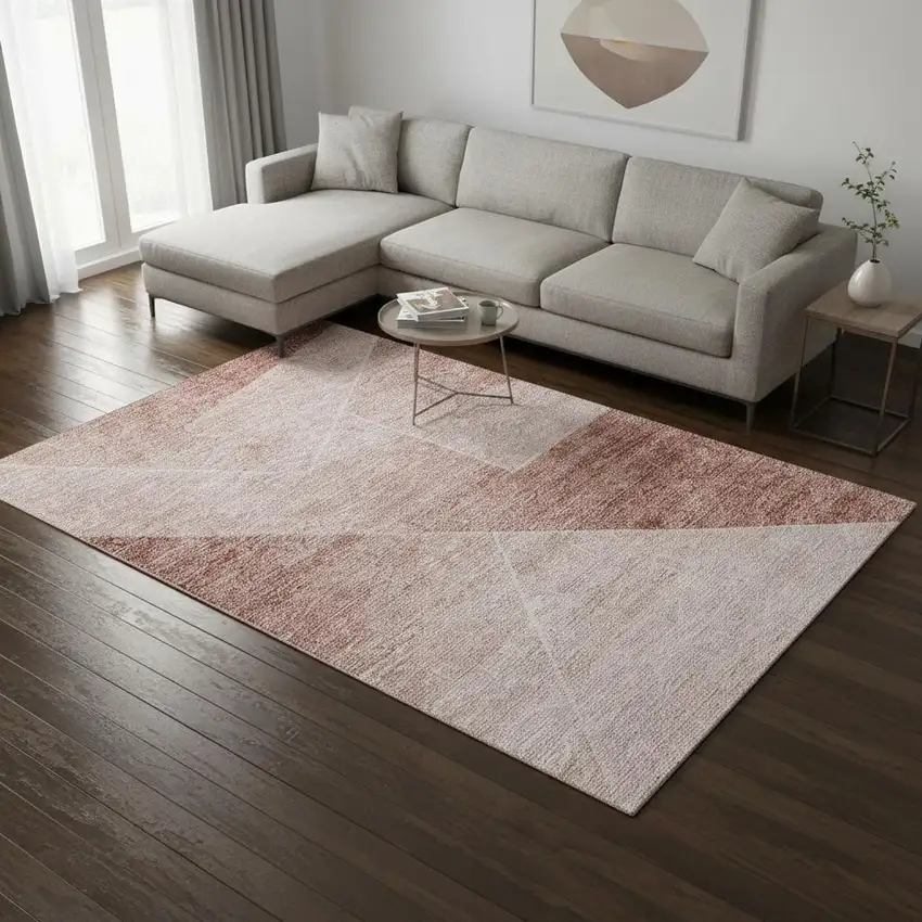 Salmon And Ivory Geometric Washable Area Rug With UV Protection Photo 2