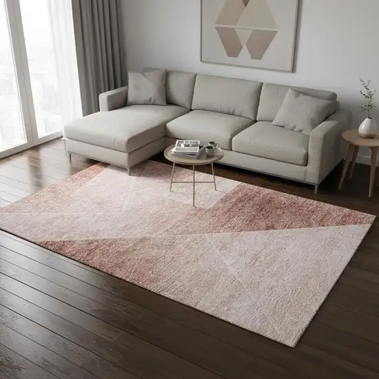 Salmon And Ivory Geometric Washable Area Rug With UV Protection Photo 2
