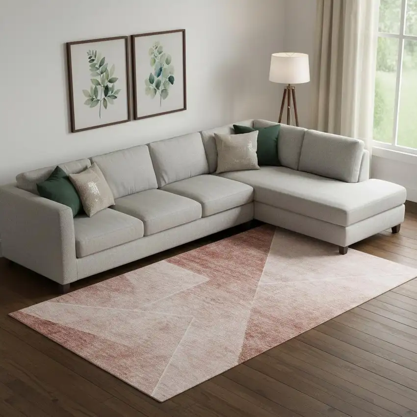 Salmon And Ivory Geometric Washable Area Rug With UV Protection Photo 1