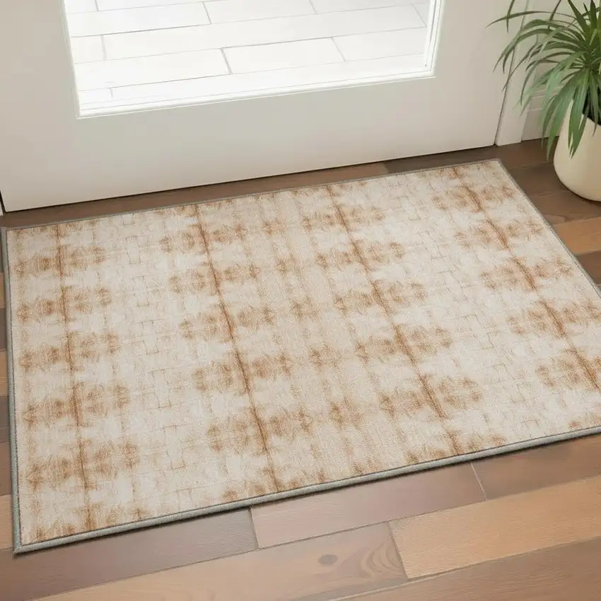 Salmon And Ivory Geometric Washable Area Rug With UV Protection Photo 2