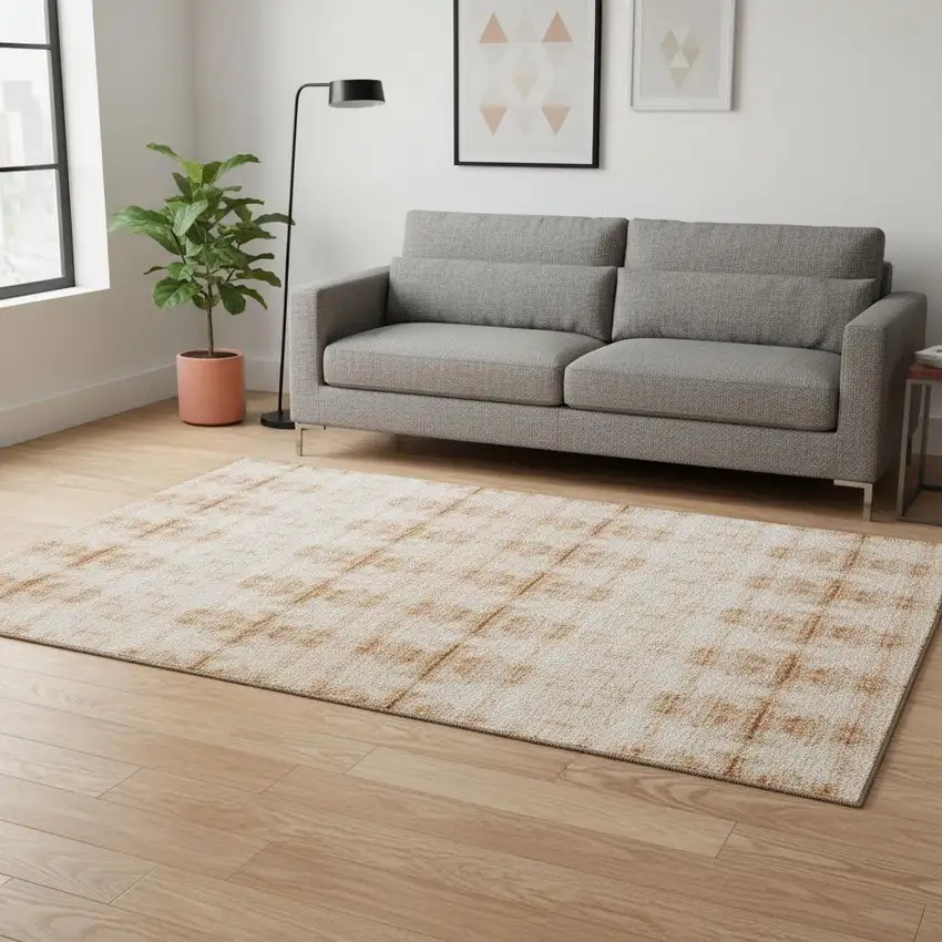 Salmon And Ivory Geometric Washable Area Rug With UV Protection Photo 2