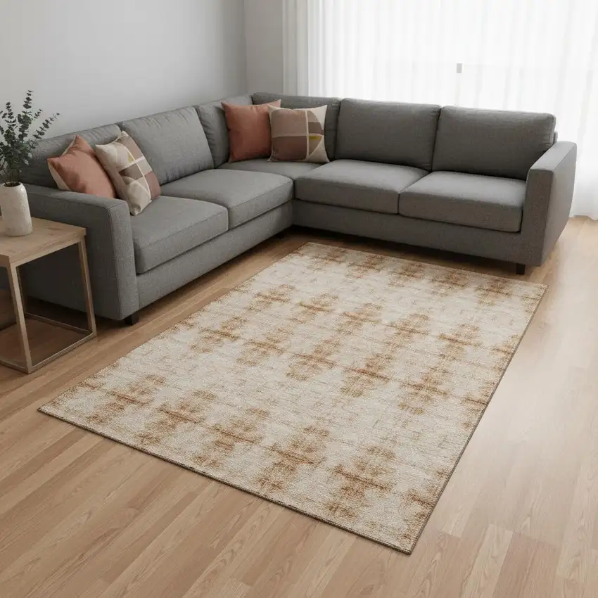 Salmon And Ivory Geometric Washable Area Rug With UV Protection Photo 2