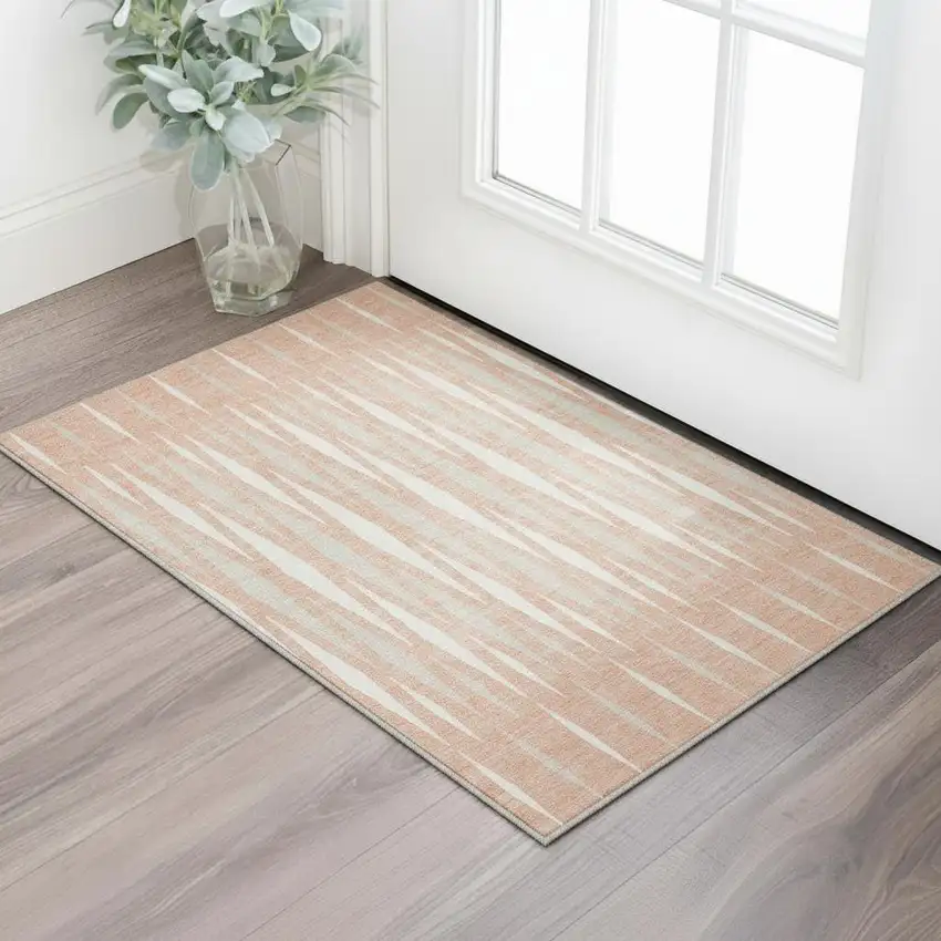 Salmon And Ivory Geometric Washable Area Rug With UV Protection Photo 2