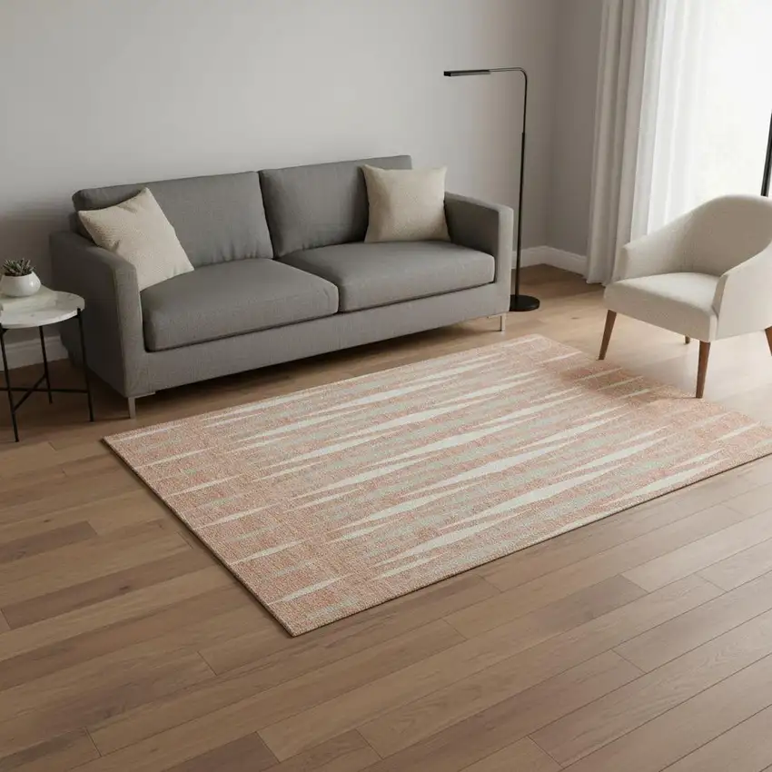 Salmon And Ivory Geometric Washable Area Rug With UV Protection Photo 2