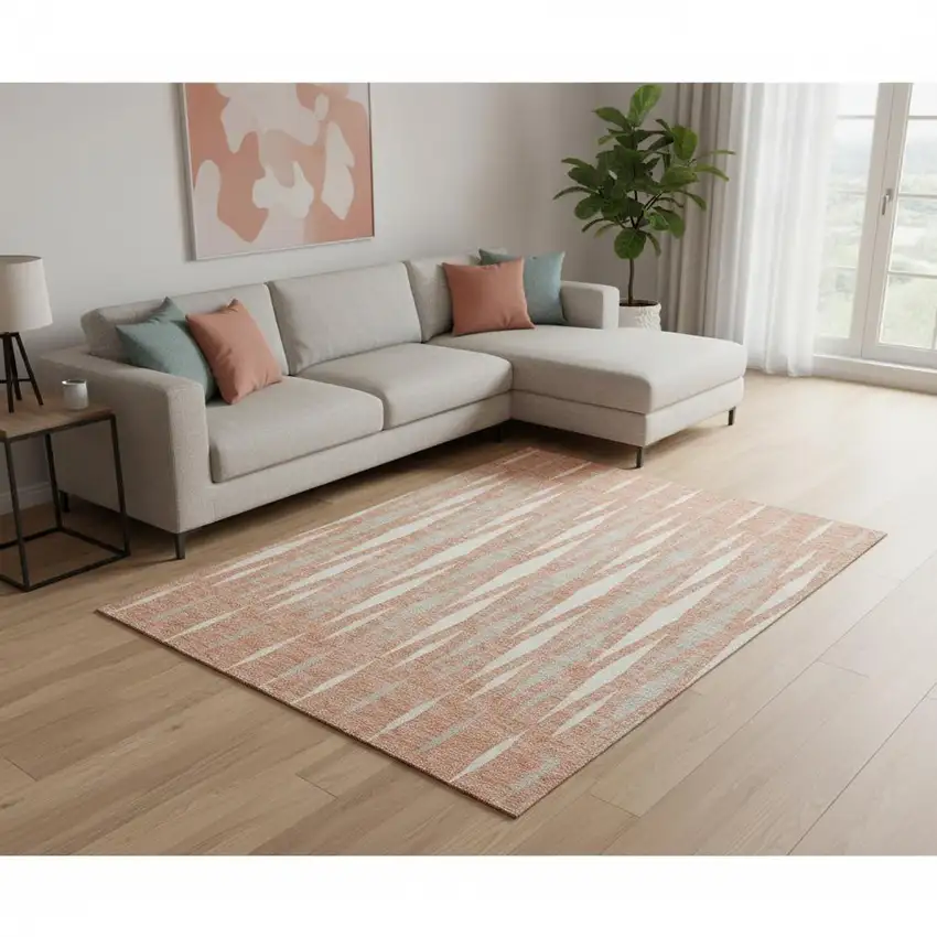 Salmon And Ivory Geometric Washable Area Rug With UV Protection Photo 2