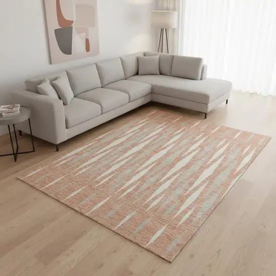 Salmon And Ivory Geometric Washable Area Rug With UV Protection Photo 2