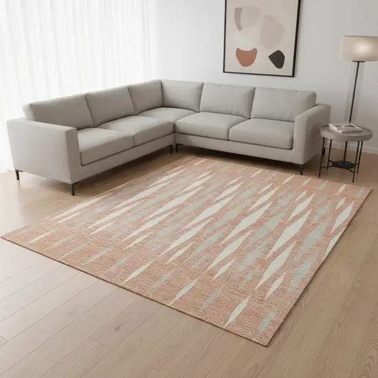 Salmon And Ivory Geometric Washable Area Rug With UV Protection Photo 2