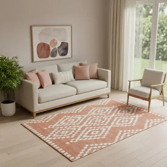 Salmon And Ivory Geometric Washable Area Rug With UV Protection Photo 1