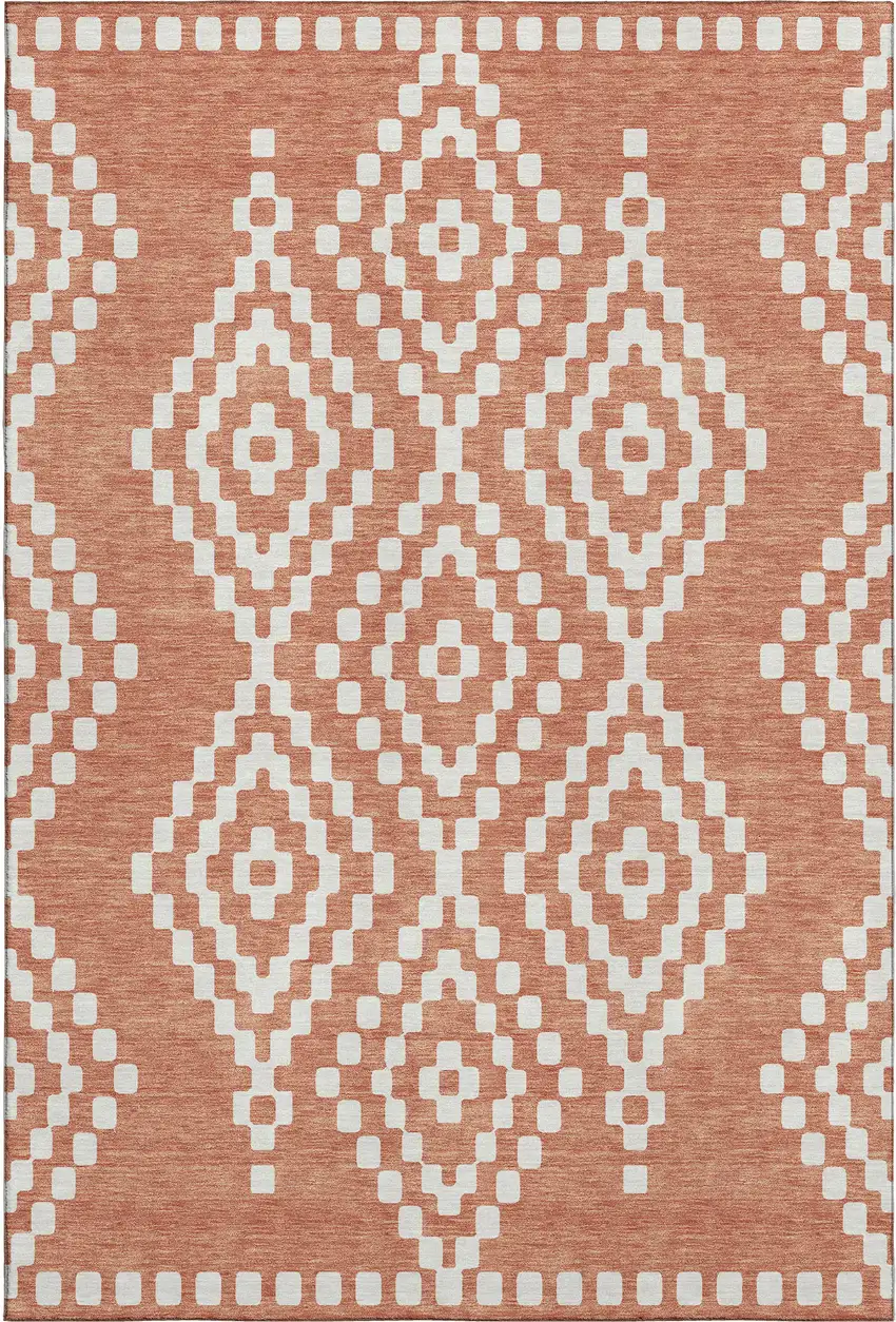Salmon And Ivory Geometric Washable Area Rug With UV Protection Photo 1