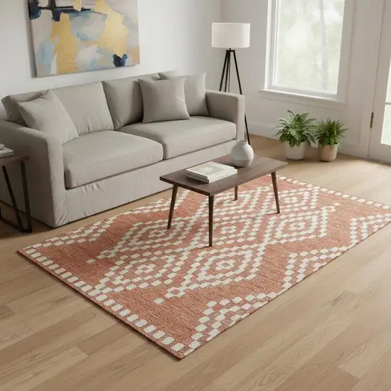 Salmon And Ivory Geometric Washable Area Rug With UV Protection Photo 2