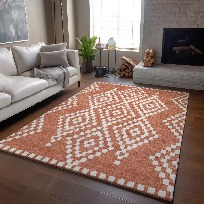 Salmon And Ivory Geometric Washable Area Rug With UV Protection Photo 6