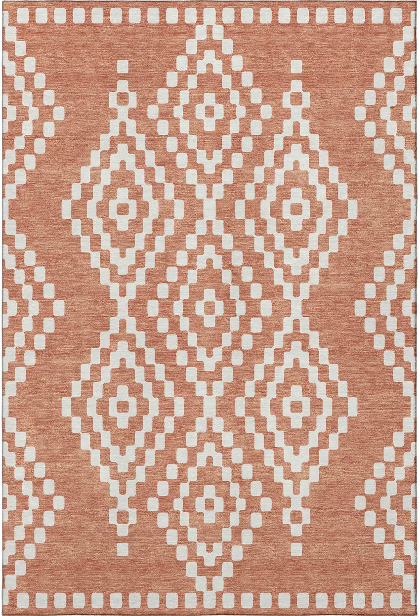 Salmon And Ivory Geometric Washable Area Rug With UV Protection Photo 4