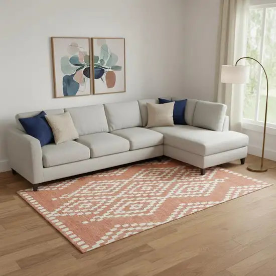 Salmon And Ivory Geometric Washable Area Rug With UV Protection Photo 1