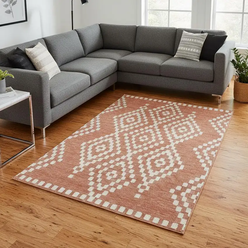 Salmon And Ivory Geometric Washable Area Rug With UV Protection Photo 2