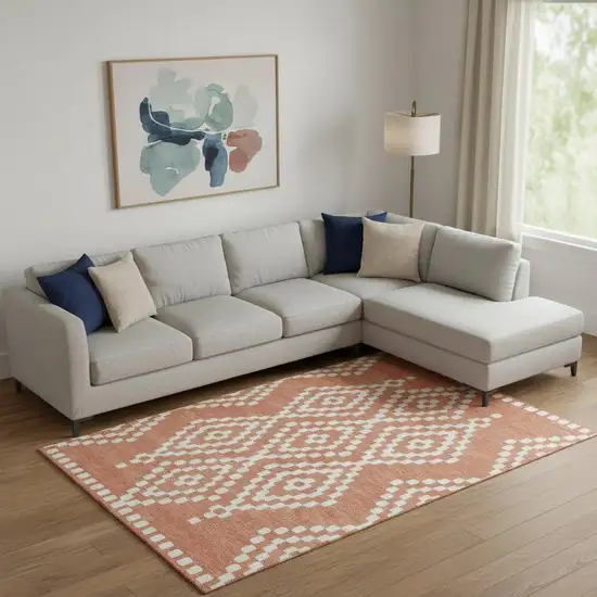 Salmon And Ivory Geometric Washable Area Rug With UV Protection Photo 1
