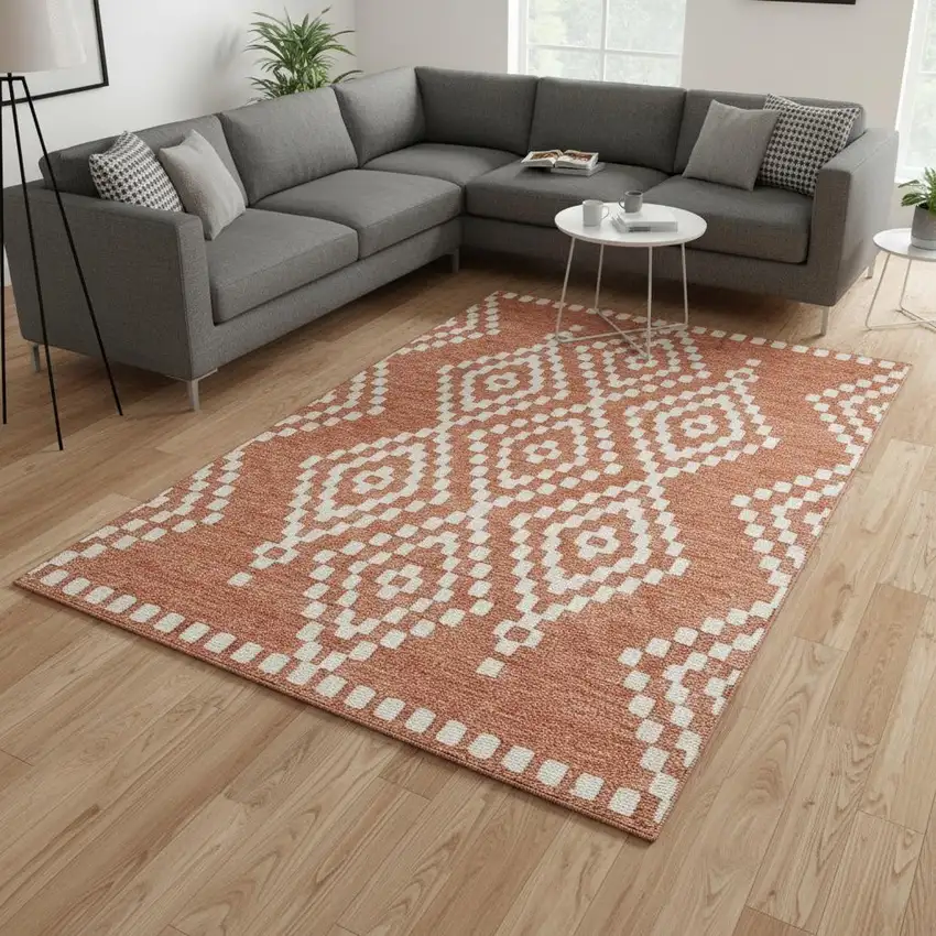 Salmon And Ivory Geometric Washable Area Rug With UV Protection Photo 2
