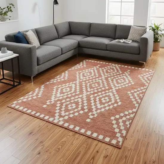 Salmon And Ivory Geometric Washable Area Rug With UV Protection Photo 2