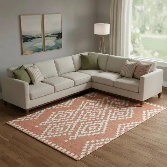 Salmon And Ivory Geometric Washable Area Rug With UV Protection Photo 1