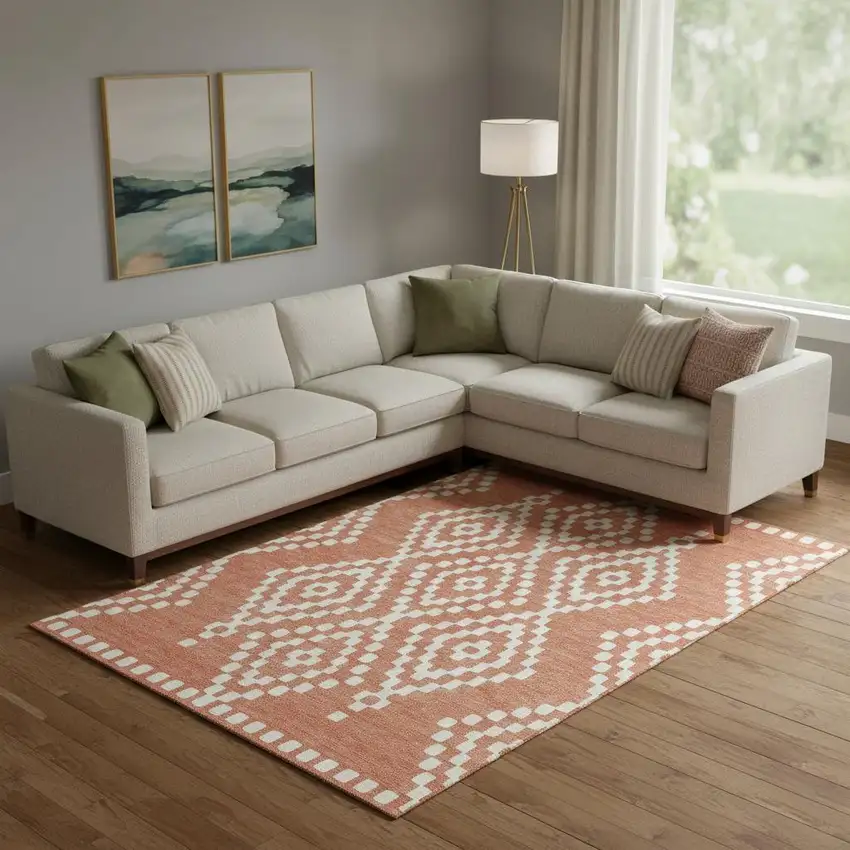 Salmon And Ivory Geometric Washable Area Rug With UV Protection Photo 1