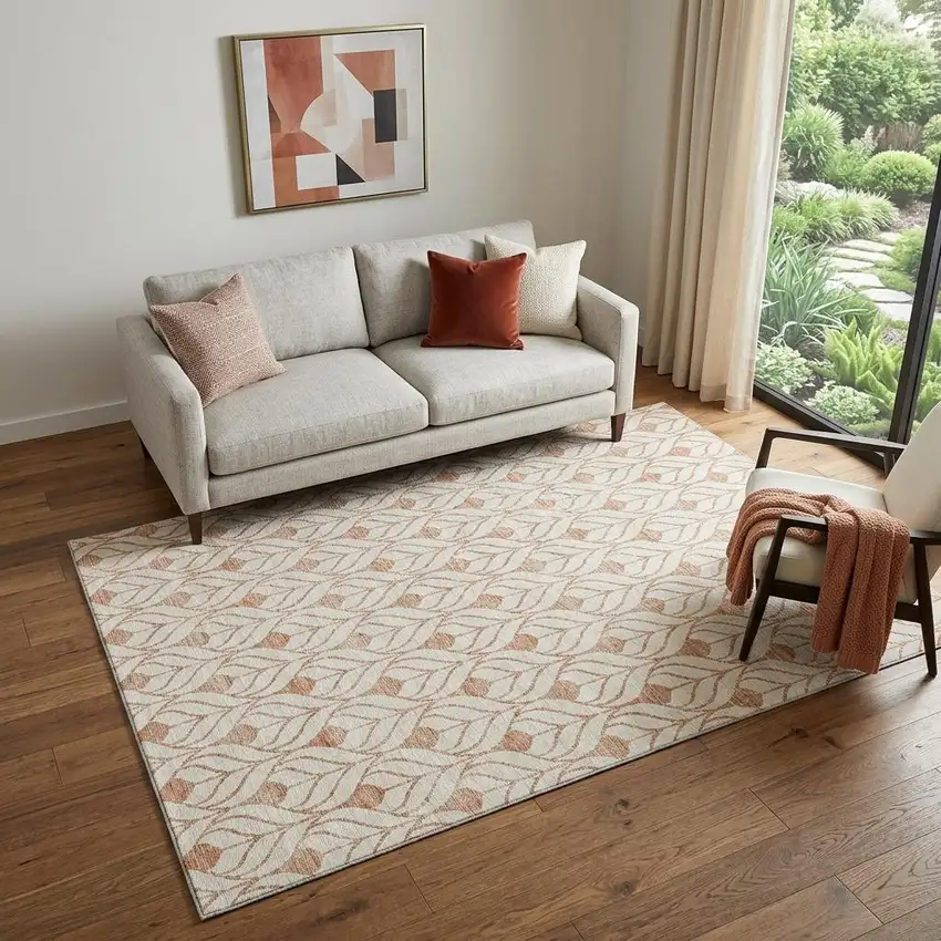 Salmon And Ivory Geometric Washable Area Rug With UV Protection Photo 1
