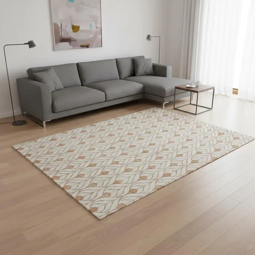 Salmon And Ivory Geometric Washable Area Rug With UV Protection Photo 2