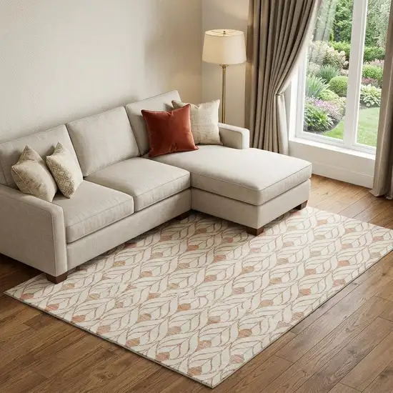 Salmon And Ivory Geometric Washable Area Rug With UV Protection Photo 1