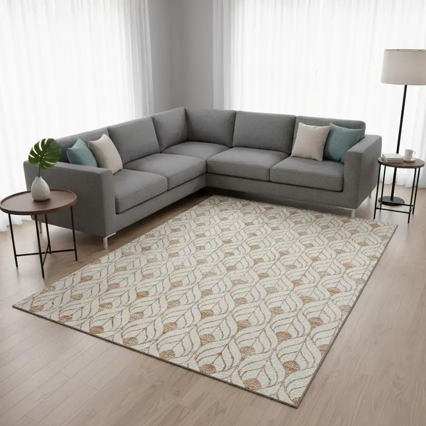 Salmon And Ivory Geometric Washable Area Rug With UV Protection Photo 2