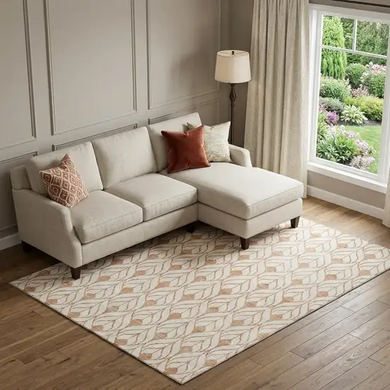 Salmon And Ivory Geometric Washable Area Rug With UV Protection Photo 1