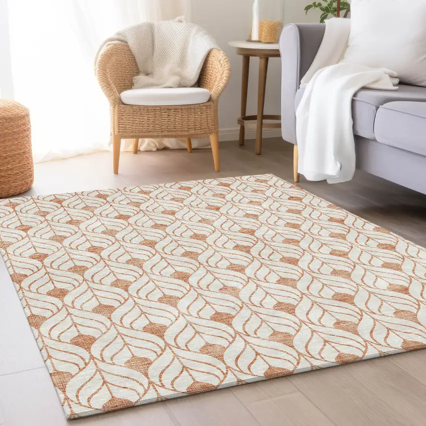 Salmon And Ivory Geometric Washable Area Rug With UV Protection Photo 4