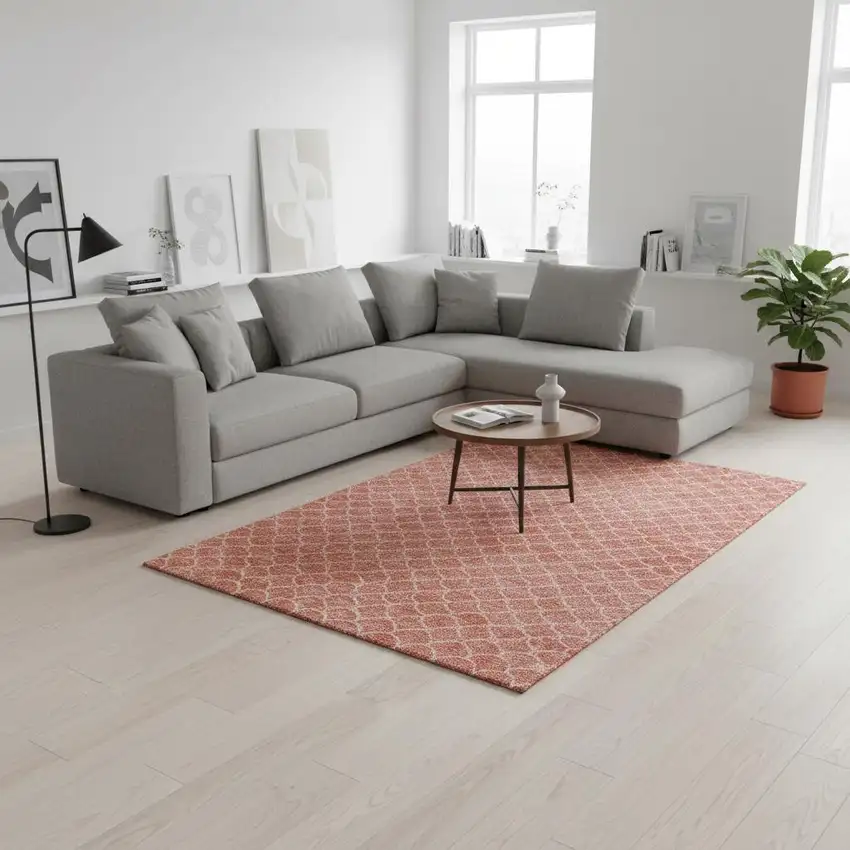 Salmon And Ivory Geometric Washable Area Rug With UV Protection Photo 2