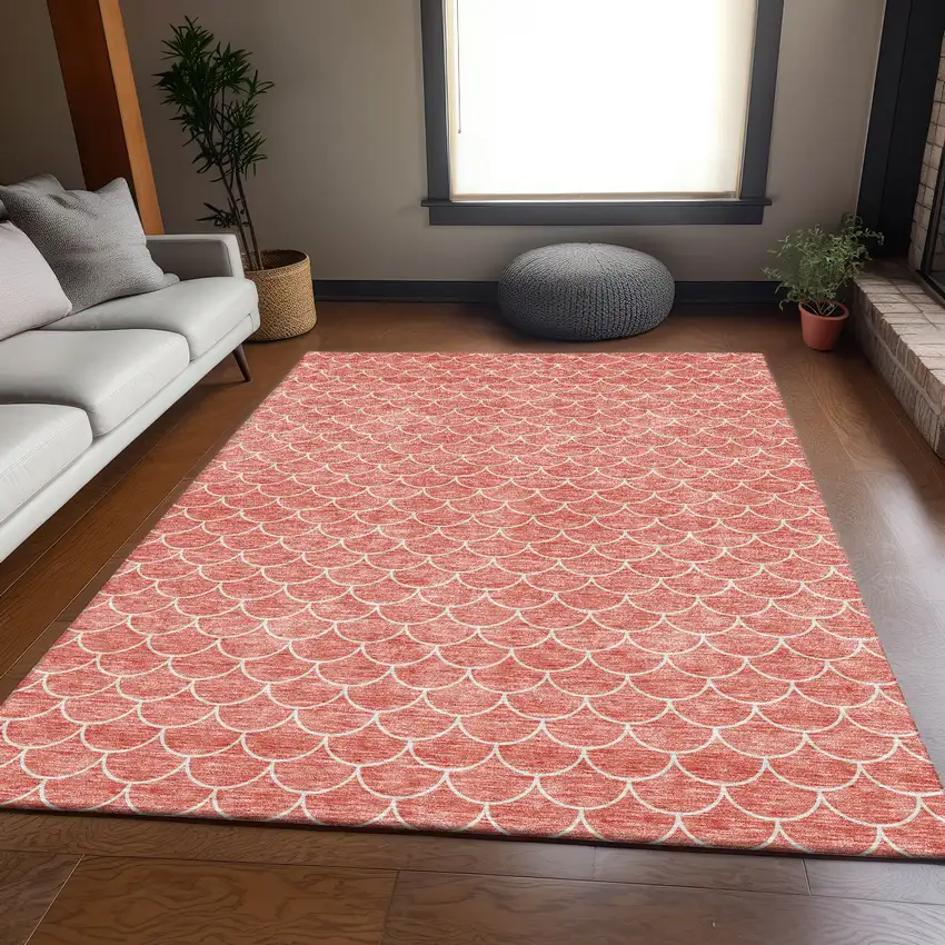 Salmon And Ivory Geometric Washable Area Rug With UV Protection Photo 5