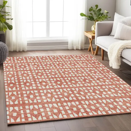 Salmon And Ivory Geometric Washable Area Rug With UV Protection Photo 3