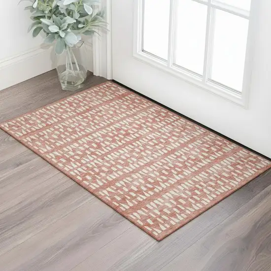 Salmon And Ivory Geometric Washable Area Rug With UV Protection Photo 2
