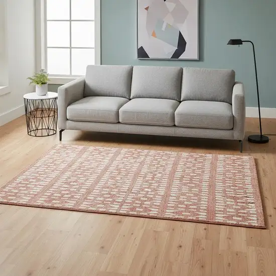 Salmon And Ivory Geometric Washable Area Rug With UV Protection Photo 2