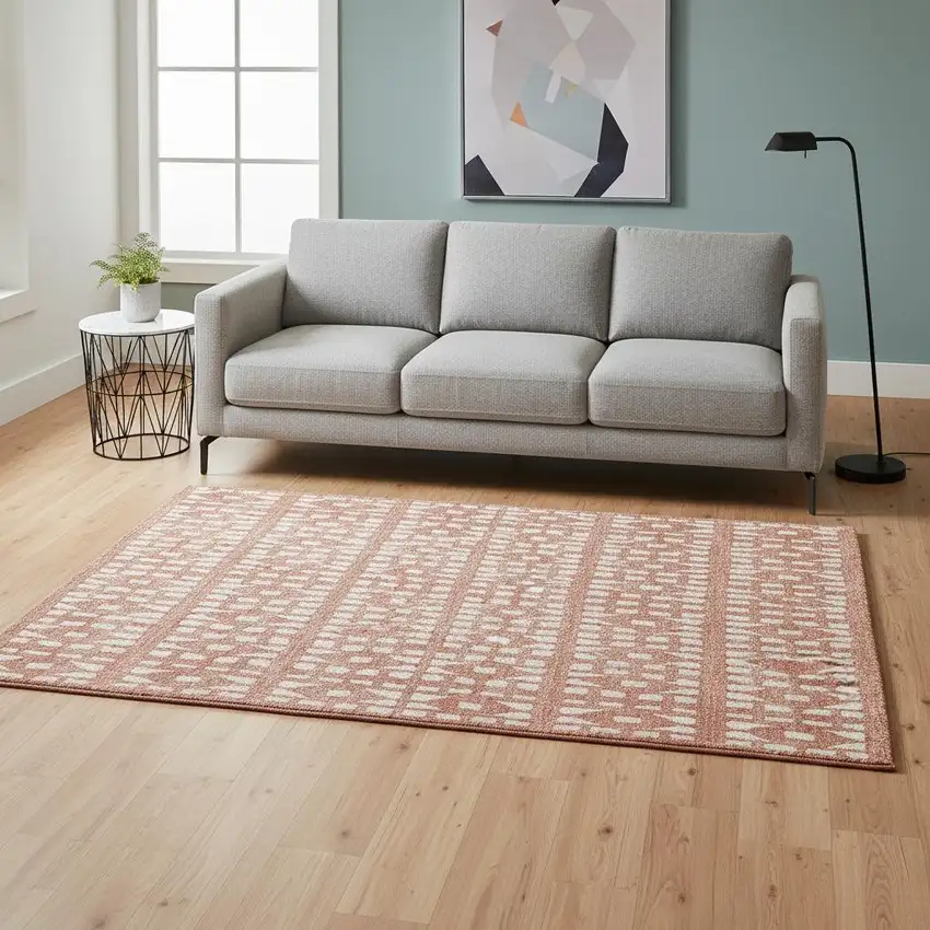 Salmon And Ivory Geometric Washable Area Rug With UV Protection Photo 2