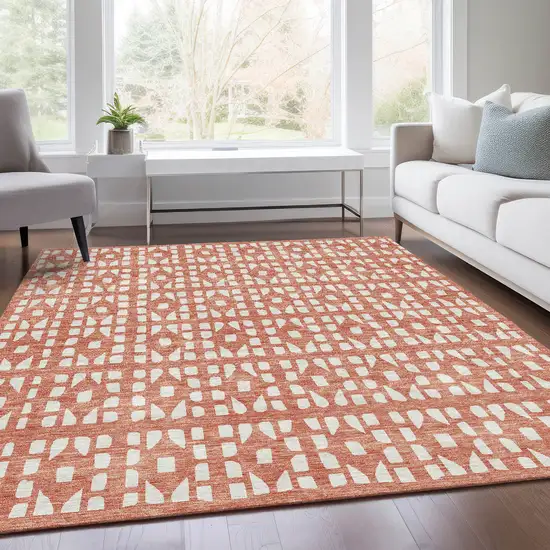 Salmon And Ivory Geometric Washable Area Rug With UV Protection Photo 4