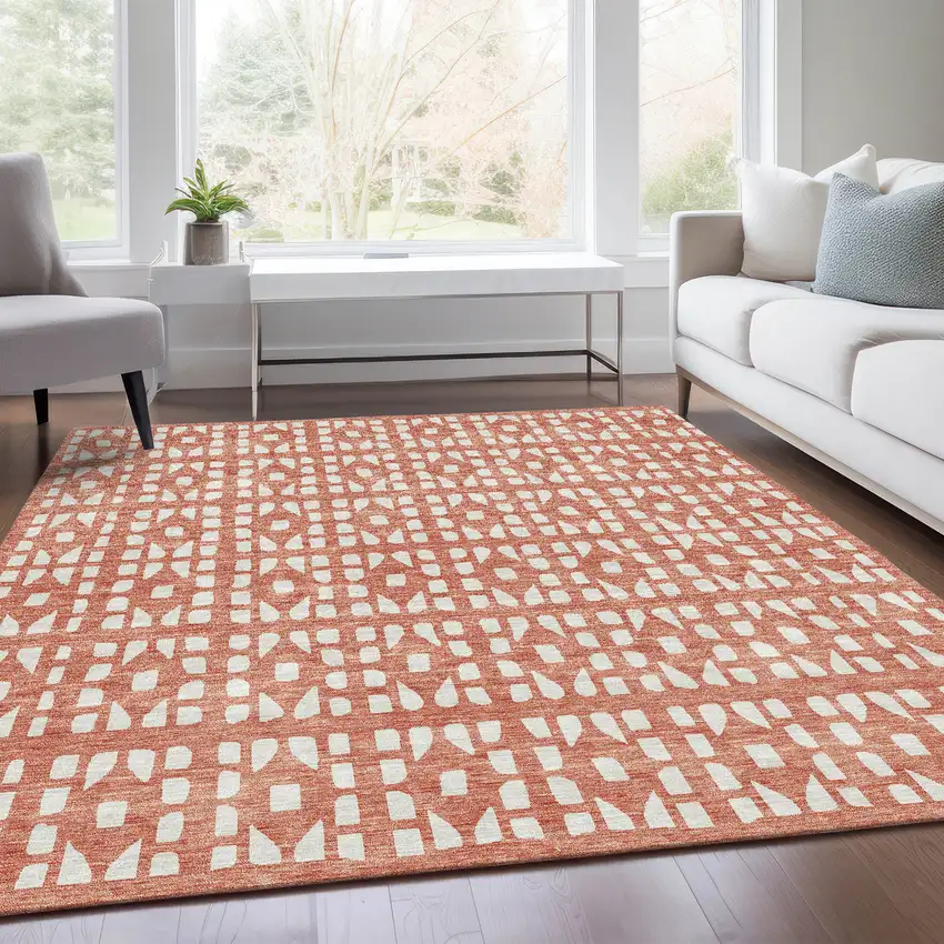 Salmon And Ivory Geometric Washable Area Rug With UV Protection Photo 4