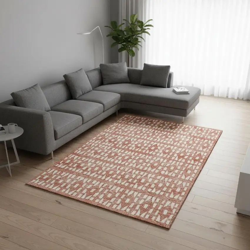 Salmon And Ivory Geometric Washable Area Rug With UV Protection Photo 2